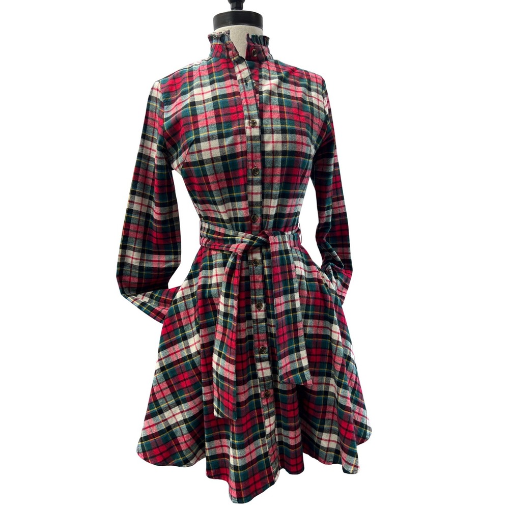 Kiel James Patrick Shirtdress Womens XS Red Plaid Excellent Flannel Mini Belted - Picture 4 of 9